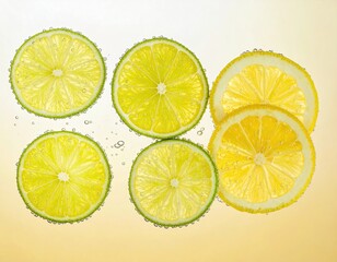 Citrus slices suspended in bubbly liquid, glowing, refreshing