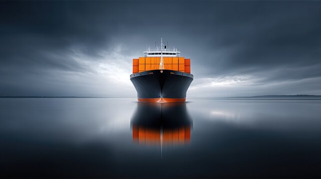 Cargo Ship Head-On View With Orange Containers Reflected In Water. Moody Sky Background For Maritime Industry, Shipping, Logistics Or Transport Use - Powered by Adobe