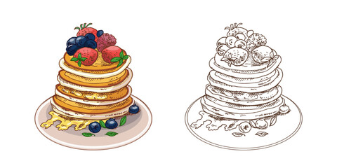 Hand drawn vintage sketch of pancakes with honey and berries in color and monochrome version, isolated vector illustration