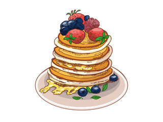 Hand drawn vintage sketch of pancakes with honey, strawberries and blueberries on plate, isolated vector illustration