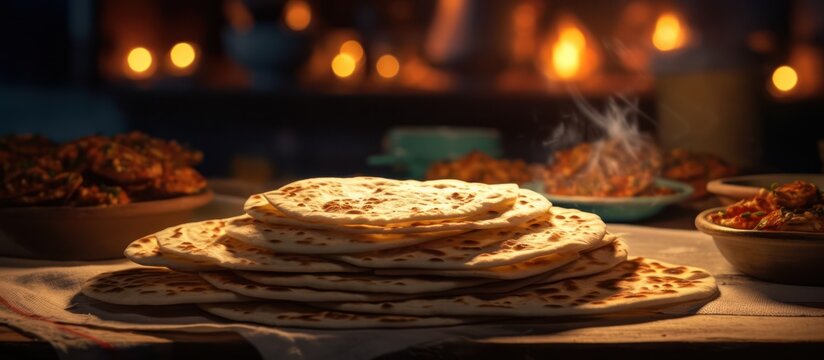 a stack of freshly baked, warm, golden-brown cinnamon rolls on a rustic wooden table, surrounded by soft, glowing string lights in a cozy, atmospheric setting, intricate details, high resolution, phot