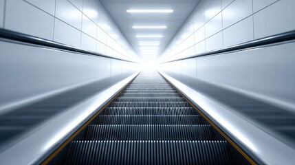 Obraz premium Bright Modern Escalator Tunnel With Strong White Light At End. Subway Or Transit Scene For Urban Infrastructure, Architecture Or Futuristic Themes