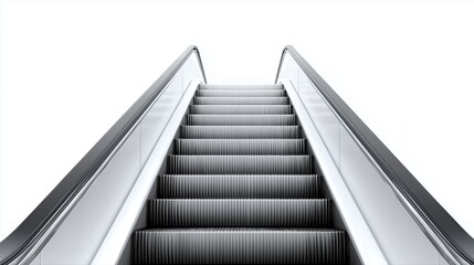 Minimalist Modern Escalator Stairs In White Indoor Environment. Clean Futuristic Architecture Background For Urban, Travel, Mobility, Innovation Concepts