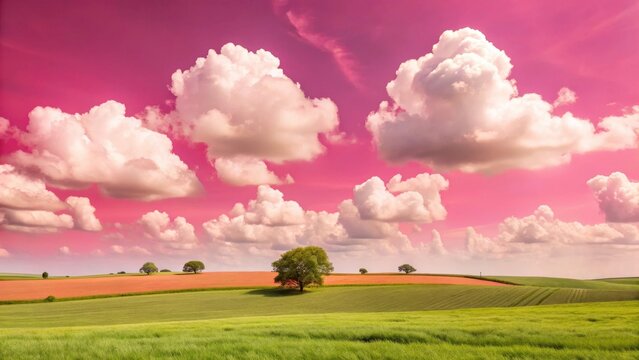 Clear blue sky with fluffy white clouds against a bright green landscape