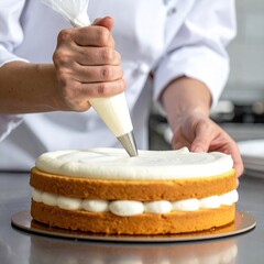 Cake icing hands piping cream onto a layer cake