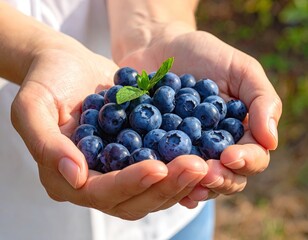 Blueberries held in hands, mint leaves on top, close-up