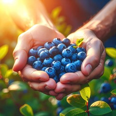 Hands holding blueberries. Sunlight shines. Bright