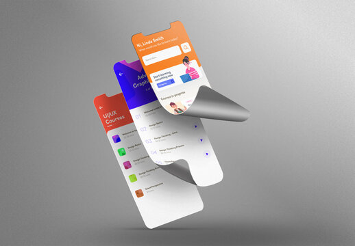 Mobile UI App Screens with Page Turn Folds, Editable Mockup Template.
