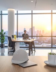 Bright office; helmet & laptop on foreground desk
