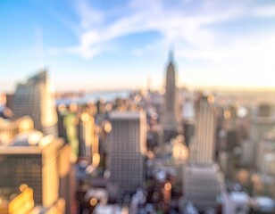 Blurred cityscape with tall buildings, bright sunny sky