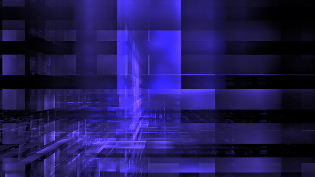 Colorful digital artwork features a blend of blue and purple geometric shapes, creating a striking abstract composition. patterns evoke a sense of depth and movement. 3d render