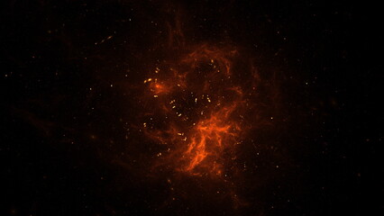 vibrant cosmic scene shows an explosion of orange and red gases forming a nebula in deep space,...