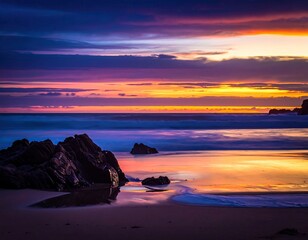 Vivid coastal sunset with rocks, wet sand, and moody skies