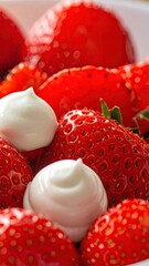 Red strawberries topped with sweet white cream