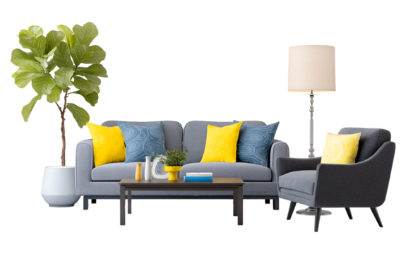 Modern Gray Living Room Furniture Set with Yellow Accents isolated on transparent background