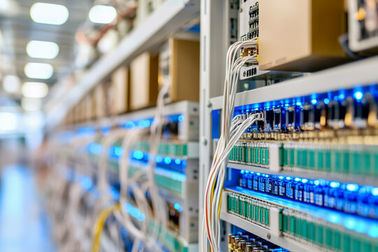 Industrial Quantum Server Row with LED Lights in Data Center