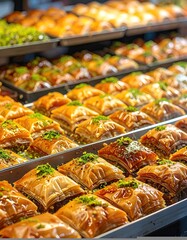Display of glossy, layered pastry squares, many with pistachios