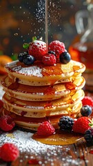 Stacked pancakes topped with berries, drizzled with syrup