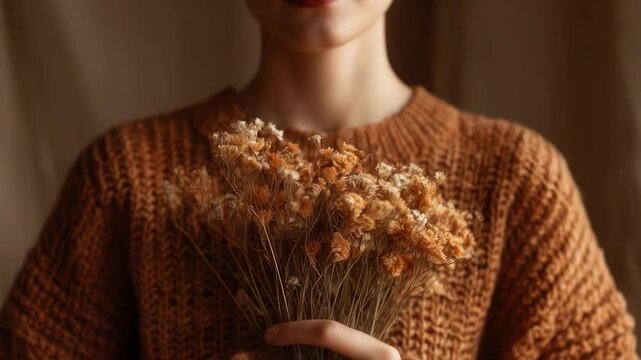 Person in a chunky orange-brown knitted sweater holding a bundle of dried flowers.