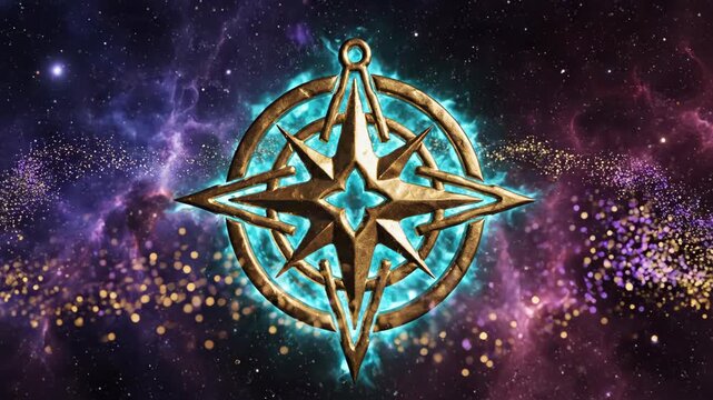 Abstract compass design against a cosmic background illustration