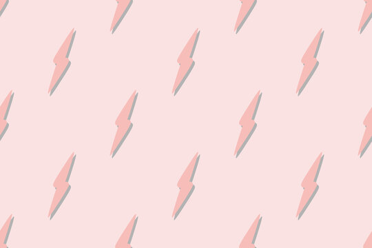 Minimalist repeating pattern of pink lightning bolts with a drop shadow on a pastel pink background.