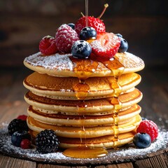 Stack of pancakes with berries and syrup on wooden surface