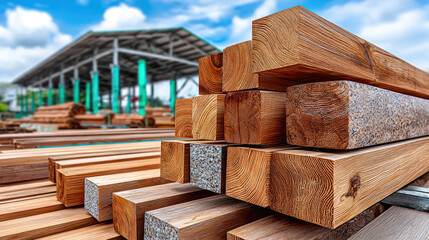 wood planks and building materials stacked in outdoor construction market, organized retail storage