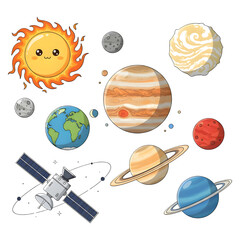 Set of system solar, jupiter, space, sun, mars, moon. illustration design.