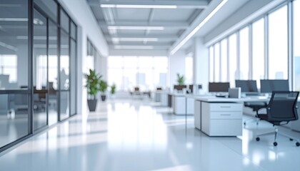 Bright, blurred modern office space with desks and greenery