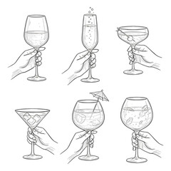 Hands with wine, champagne glass, cocktails drawings for wedding invitations, menus and parties. Doodle art template. Clipart vintage ink doodle sketch style