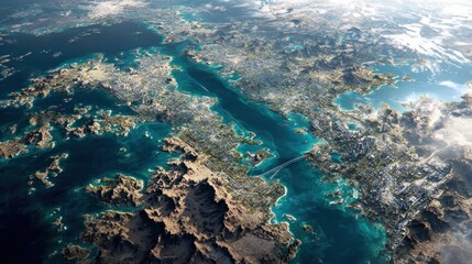 Aerial view of a coastal landscape with islands and waterways environmental concept