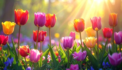 Vibrant Tulips in a Sunny Garden: A Colorful Spring Display.