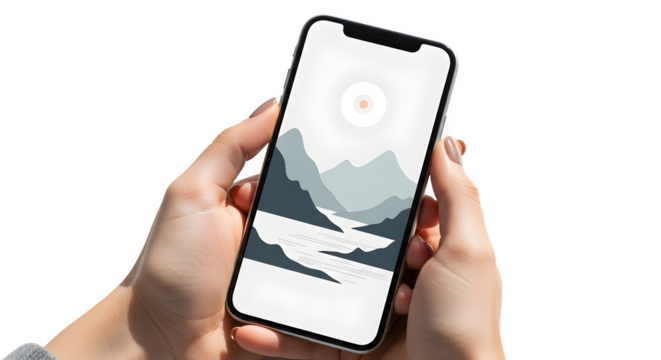 Hands holding a smartphone with mountain landscape isolated on transparent background