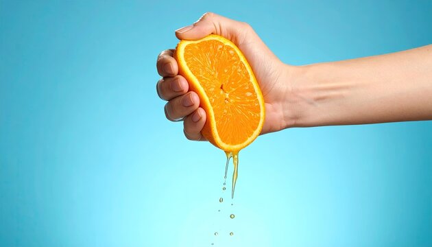 Orange half being squeezed by hand, juice droplets falling