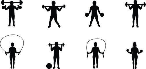Silhouette set of athletes training with barbells, dumbbells, and jump ropes — strength, cardio, and fitness workout poses