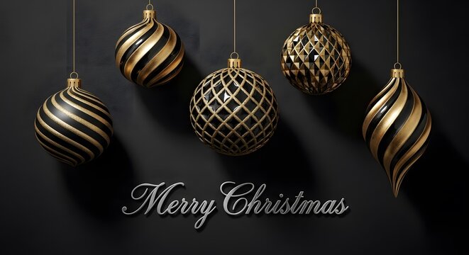 Black and gold Christmas ornaments hanging with Merry Christmas text decoration holiday