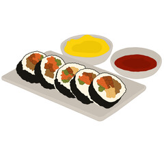 A vector illustration of Kimbap (Korean seaweed rice rolls) cut into slices and served on a platter with two dipping sauces
