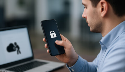 Man hold smartphone with lock screen icon data protection and cybersecurity. Online security from Phishing mobile phone hacker or cyber scam concept.