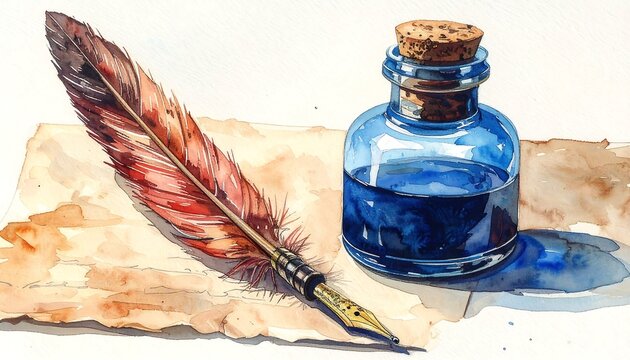 Watercolor depiction of a quill pen with blue inkwell on aged paper. Soft lighting, artistic rendering, vintage aesthetic