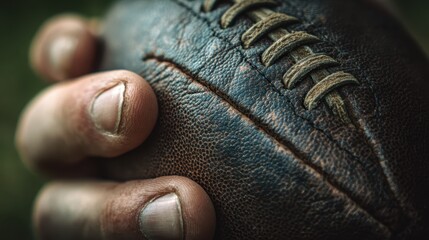 Close-up of a hand gripping a weathered football on a grassy field during a sunny afternoon practice session