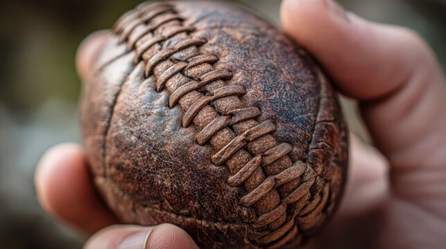 Vintage baseball held in a hand, showcasing intricate stitching and weathered leather, a symbol of timeless sportsmanship and nostalgia