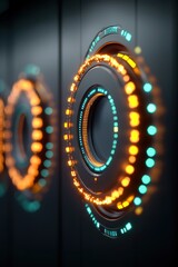 A futuristic design featuring glowing circular patterns in orange and blue against a dark background, suggesting advanced technology or digital interfaces.