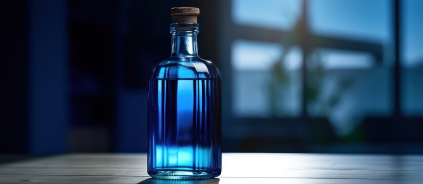 a beautifully lit glass bottle, a vibrant blue liquid inside, standing on a wooden surface, dramatic lighting, moody atmosphere, high quality, cinematic, photographic, 8k