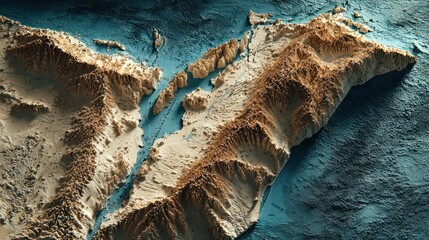 Topographic map of coastal terrain with mountains and ocean in detailed view