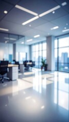 Blurred, bright office space with city view