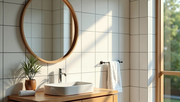 Modern bathroom interior with sink, wooden vanity, and round mirror in natural light
 - Powered by Adobe