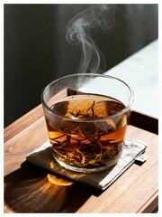 Steaming Glass of Freshly Brewed Loose Leaf Tea. A mindful moment.