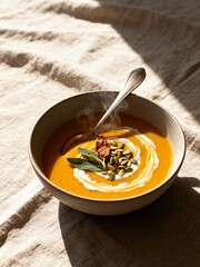 Creamy Butternut Squash Soup in the Autumn Sun. Cozy and healthy.