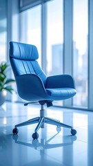 Blue leather chair sits in a bright, modern office space