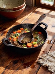 Hearty Lentil and Vegetable Soup in a Rustic Cast Iron Pot.